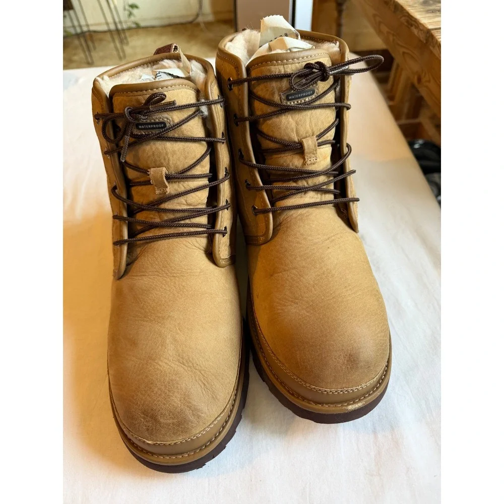 UGG Harkley Waterproof Grizzly Leather Lace Up Wool Lined Boots 1094395 Mens 11